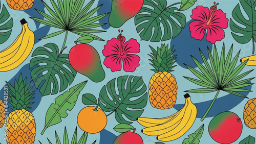 A vibrant illustration showcasing an array of tropical fruits and lush foliage, creating a visually appealing pattern, perfect for adding a touch of exotic flair.