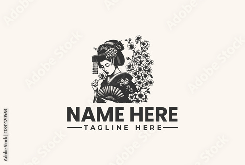 A black and white vector illustration of a woman holding a fan with floral patterns and text placeholder for 'NAME HERE' and 'TAGLINE HERE' on a light background.