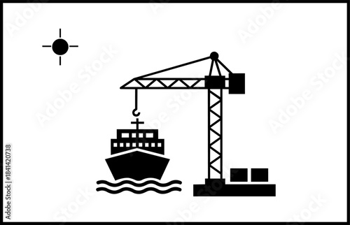 A cargo ship is loaded by a large industrial crane at a sunny port silhouette