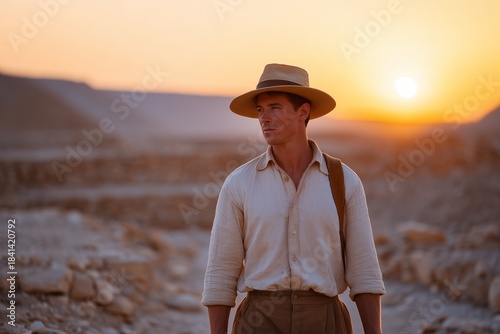 Man in Khaki Utility Shirt and Hat Walking Through Sunlit Desert Excavation Site