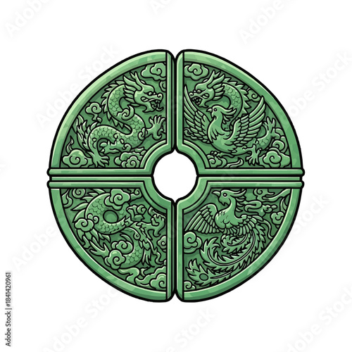 An exquisite green coin carved with intricate dragon and phoenix designs 