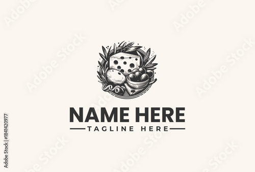 Black and white illustration of a logo with a bird's nest and a spotted egg, accompanied by placeholder text on a beige background.