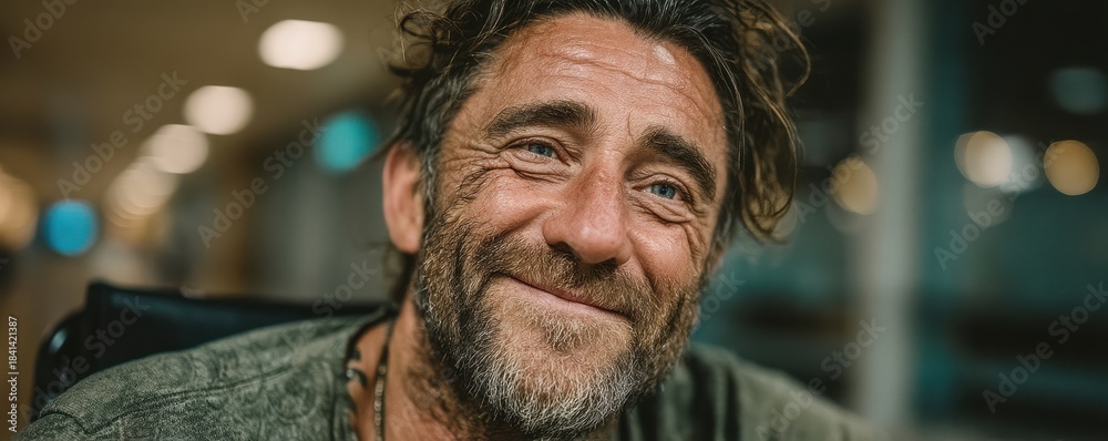 Obraz premium Smiling man in a green shirt portrait with warm, friendly expression indoors