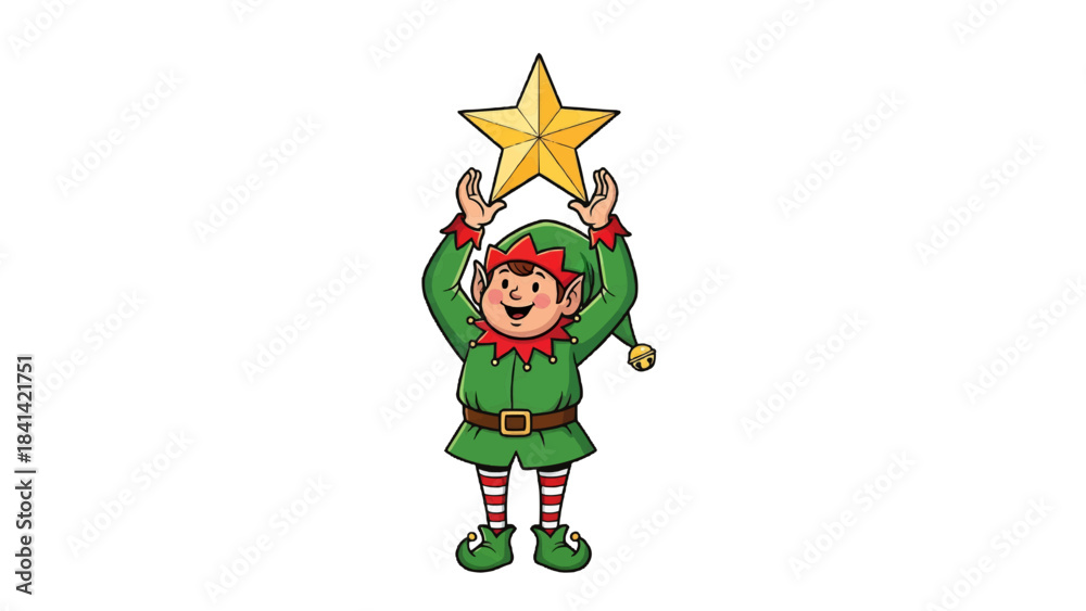 Fototapeta premium A festive elf holding a golden star, celebrating the holidays isolated on a transparent background