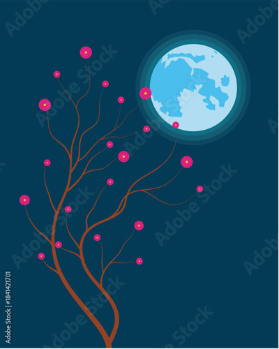 Vector Art - Serene Floral Tree Under Moonlight – Tranquil Botanical Design. Vector art, Flower tree, Moon illustration, Botanical design.