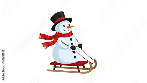 A cheerful snowman enjoying a sled ride in the winter season isolated on a transparent background