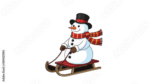 Cheerful snowman enjoying a winter sled ride, adorned with a hat and scarf, embodies winter fun isolated on a transparent background