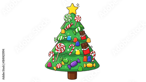 A decorated Christmas tree adorned with various colorful candies, chocolates, and ornaments. A yellow star sits atop the tree, signifying the holiday spirit isolated on a transparent background