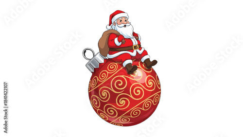Santa Claus sits atop a Christmas ornament, ready to deliver gifts for Christmas holiday isolated on a transparent background