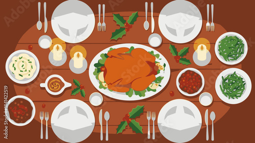 Flat lay of a festive Christmas Day dinner table setting with a roasted turkey, various side dishes, and utensils on a warm brown background.