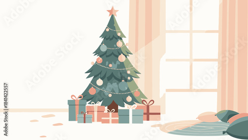 A festive Christmas tree with presents sits beside a window in a cozy room on Christmas Day with a warm and inviting atmosphere.