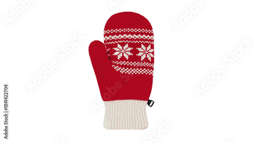 A red Christmas mitten with white snowflakes and ribbed cuff on a plain white background, evoking a festive holiday atmosphere.
