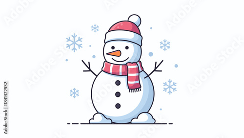 A cheerful snowman wearing a red and white striped scarf and hat stands against a white background with blue snowflakes, conveying a joyful and festive Christmas Day mood.