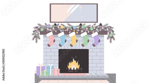 A festive Christmas Day scene featuring a cozy fireplace with stockings and gifts on a mantle, set against a white background with warm tones.