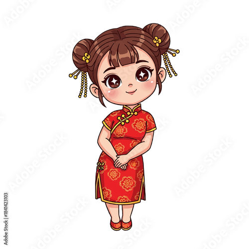 A charming cartoon girl in a traditional Chinese dress, a Qipao isolated on a transparent background