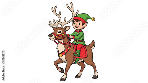 A charming elf rides a reindeer, full of holiday cheer. The elf has a green outfit, pointy ears and is joyfully riding the reindeer isolated on a transparent background