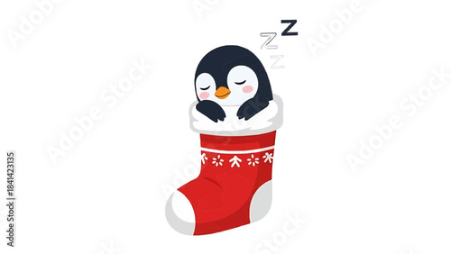 A cute penguin sleeping peacefully in a Christmas stocking isolated on a transparent background