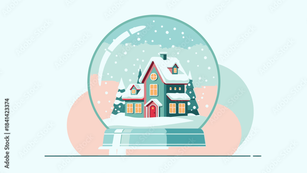 © Asap - Illustration of a snow globe with a snowy house and tree inside on a pastel background, conveying a festive Christmas Day mood with soft, wintery tones.