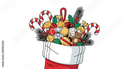 Illustration of a Christmas stocking filled with colorful presents, candy canes, and festive decorations on Christmas Day against a clean white background.