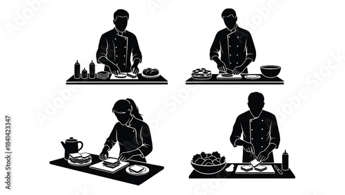 Set of four silhouettes of chefs cooking and preparing food at a countertop