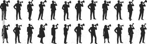 Megaphone, silhouette, people, business, speaking, announcement, communication, public, voice, broadcast, vector, illustration, posture, suit, dress, expressive, group, black, message, crowd