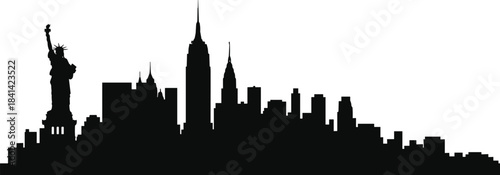 New York, skyline, silhouette, cityscape, urban, , of Liberty, Empire State, vector, illustration, black, iconic, building, Manhattan, USA, travel, tourism, skyscraper, silhouette art