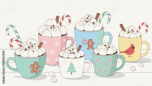 Colorful mugs of hot chocolate with whipped cream and candy canes on a white surface for Christmas Day.