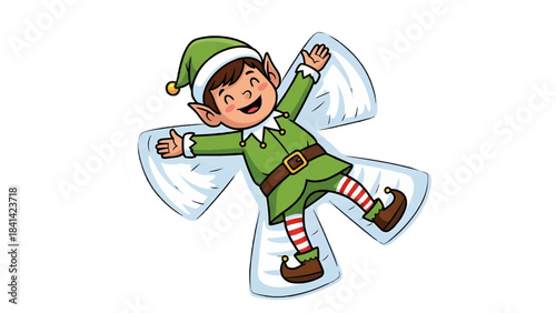 A charming elf enjoying winter joyfully making a snow angel in the fresh snow isolated on a transparent background
