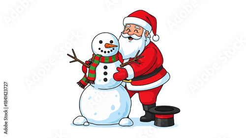 Santa Claus building a snowman in a cheerful, festive scene. The illustration captures a moment of holiday spirit and joyful anticipation isolated on a transparent background