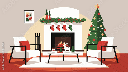 A cozy living room interior with a decorated Christmas tree, fireplace, and stockings on Christmas Day with warm tones.