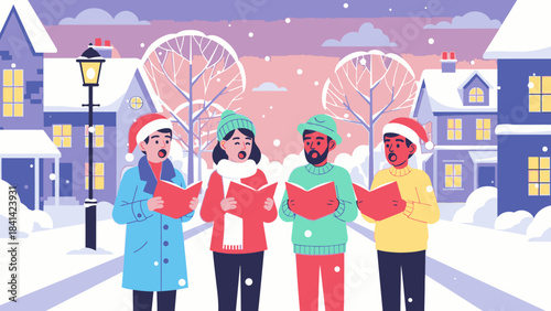 Four diverse people in winter clothing singing Christmas carols on a snowy street with houses and trees in the background on Christmas Day.