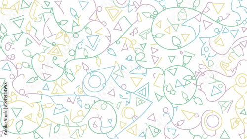 A colorful, whimsical pattern of intertwined lines and shapes in pastel hues on Christmas Day, featuring triangles, circles, and swirls in a lively, celebratory mood against a white