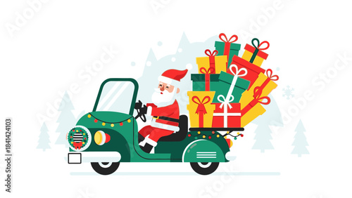 Illustration of Santa Claus riding a green vintage car loaded with colorful Christmas gifts on a snowy Christmas Day.