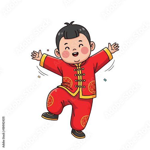 A joyous child wearing traditional cultural attire, dancing with glee and displaying a cheerful expression isolated on a transparent background
