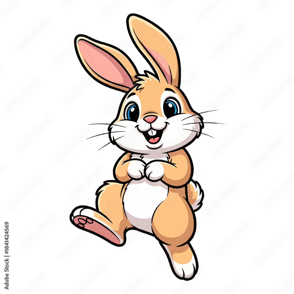Fototapeta premium A charming rabbit with adorable expression. The bunny has long ears, small tail, and sweet face, hopping on two feet isolated on a transparent background