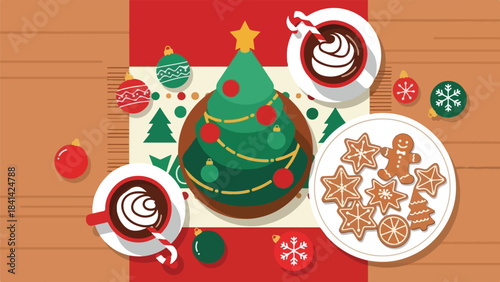 Flat illustration of a holiday shopping street with shop windows, snow-covered roofs, and festive lights, soft flat colors.