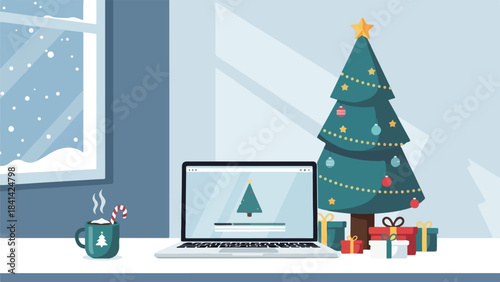 Flat illustration of a festive office desk with laptop, cocoa mug, small Christmas tree, ornaments, and stationery, clean minimal style.