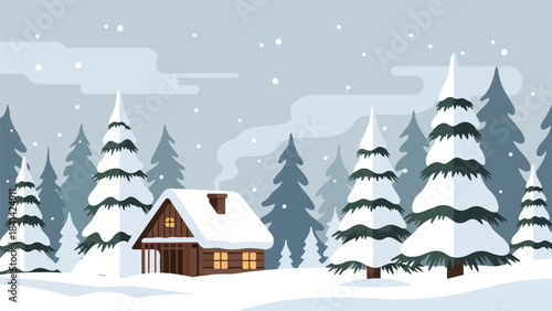 Flat illustration of a cozy fireplace corner with hanging stockings, gifts, and Christmas decorations, flat clean shapes.