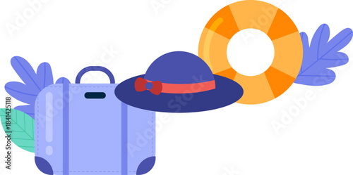 Stylized illustration featuring essential items for a memorable summer holiday, including a classic suitcase, a chic sun hat, and a vital lifebuoy, all set for an exciting travel adventure