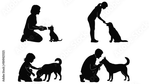 Set of silhouettes depicting people interacting positively with dogs in various training and care scenarios