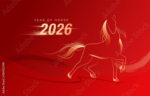 Chinese new year 2026, year of horse. Line art horse illustration. Lunar new year concept template vector design. 