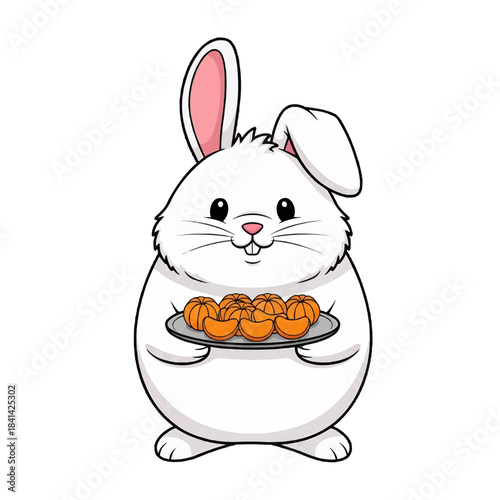 An adorable bunny holding a plate of delicious orange snacks isolated on a transparent background