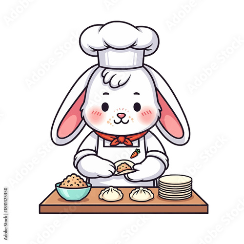A cute cartoon bunny chef meticulously crafting delicious dumplings, ready to serve and enjoy! isolated on a transparent background