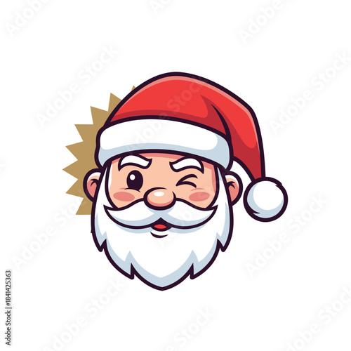 A cartoon illustration of Santa Claus winking with a festive golden starburst behind him.