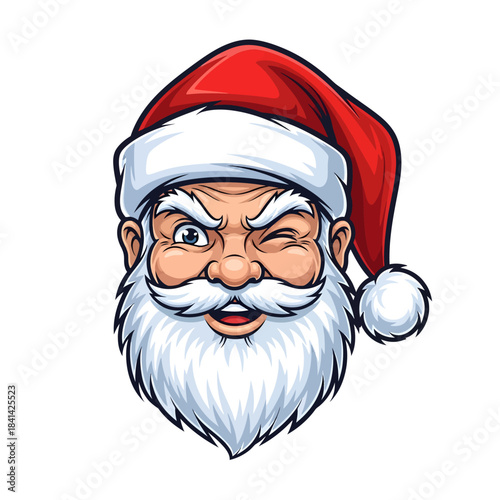 Cartoon illustration of Santa Claus's head winking and smiling with a white beard and red hat.