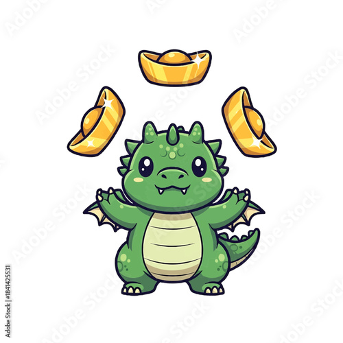 A charming cartoon dragon happily juggling golden ingots isolated on a transparent background