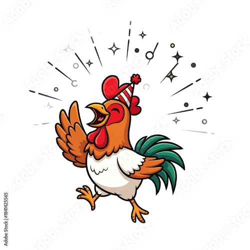 A cartoon rooster wearing a party hat is smiling and dancing happily isolated on a transparent background