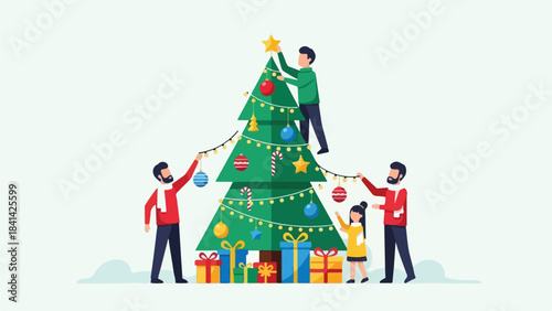 Family decorating Christmas tree with colorful ornaments and lights together happily.