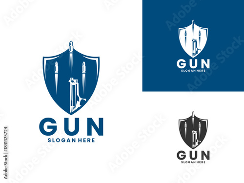 Gun protections logo icon template. Gun with shield and bullets shoot logo design vector.