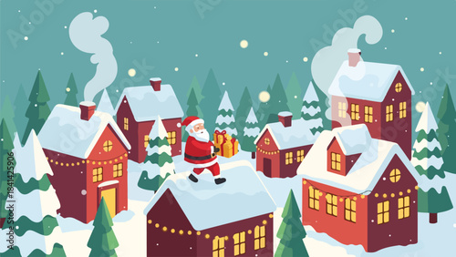 Santa Claus delivering gifts on a snowy Christmas Eve in a cozy village town.